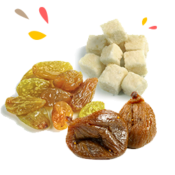 Fruits moelleux Sosa Ingredients : figues, noix de coco et raisins 